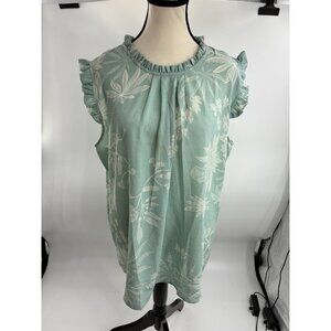 JON & ANNA Women's 1X Plus Green Floral Ruffle Cap Sleeve Blouse